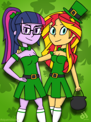 Size: 1200x1600 | Tagged: safe, artist:djgames, sci-twi, sunset shimmer, twilight sparkle, equestria girls, g4, breasts, cleavage, duo, duo female, female, saint patrick's day