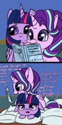 Size: 1080x2184 | Tagged: safe, artist:duop-qoub, artist:tjpones, starlight glimmer, twilight sparkle, alicorn, pony, unicorn, g4, :t, blushing, book, chest fluff, comic, cuddling, dialogue, ear fluff, female, floppy ears, innuendo, lidded eyes, mare, open mouth, pillow, pillow fort, platonic, prone, reading, sitting, smiling, stop, twilight sparkle (alicorn), unamused