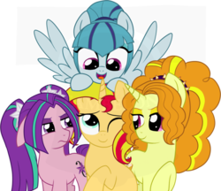 Size: 800x692 | Tagged: safe, artist:tambelon, adagio dazzle, aria blaze, sonata dusk, sunset shimmer, earth pony, pegasus, pony, unicorn, equestria girls, g4, rainbow rocks, bedroom eyes, dazzling sun, equestria girls ponified, female, frown, group, group photo, lesbian, mare, one eye closed, ponies riding ponies, ponified, pony hat, raised hoof, riding, ship:sunata, ship:sunsagio, shipping, simple background, smiling, smirk, sonata dusk riding sunset shimmer, spread wings, sunblaze, sunset shimmer gets all the dazzlings, sunset shimmer gets all the mares, the dazzlings, transparent background, watermark, wink