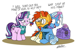 Size: 2863x1832 | Tagged: safe, artist:bobthedalek, starlight glimmer, sunburst, trixie, pony, unicorn, g4, angry, bag, comb, female, magic, makeover, mare, simple background, sweat, telekinesis, trio, white background