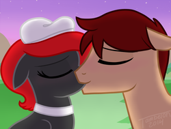 Size: 793x600 | Tagged: safe, artist:tambelon, oc, oc only, oc:brave, oc:red feather, pony, female, kissing, male, mare, romantic, shipping, stallion, straight