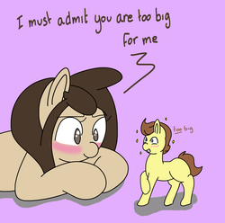 Size: 1912x1895 | Tagged: safe, artist:lou, oc, oc only, oc:louvely, oc:tomson, earth pony, pony, blushing, dialogue, duo, micro, proud, raised hoof, raised leg, size difference, tiny ponies