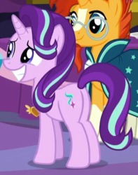 Size: 313x397 | Tagged: safe, screencap, starlight glimmer, sunburst, pony, unicorn, celestial advice, g4, butt, cropped, cute, equestrian pink heart of courage, female, male, mare, plot, smiling, stallion