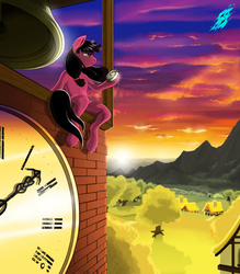 Size: 4134x4724 | Tagged: safe, artist:blackrunewarlock, oc, oc only, oc:macdolia, earth pony, pony, absurd resolution, bell, clock tower, pigtails, pocket watch, ponyville, solo, sunset, wind
