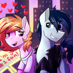 Size: 2000x2000 | Tagged: safe, artist:rubywave32, oc, oc only, oc:rhythm, earth pony, pony, unicorn, building, city, clothes, commission, duo, female, glowing horn, heart, high res, horn, jacket, magic, male, mare, sign, smiling, stallion, straight