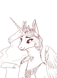 Size: 950x1292 | Tagged: safe, artist:28gooddays, princess celestia, alicorn, pony, g4, ear fluff, female, lineart, magic, mare, monochrome, quill, scroll, simple background, solo, telekinesis, white background