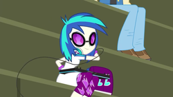 Size: 854x480 | Tagged: safe, screencap, dj pon-3, valhallen, vinyl scratch, equestria girls, g4, my little pony equestria girls: friendship games, bag, chs rally song, clothes, glasses, leggings, pants, shoes, skirt, sunglasses
