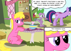 Size: 1028x742 | Tagged: safe, artist:the-ross, cherry berry, spike, twilight sparkle, dragon, earth pony, pony, unicorn, g4, too many pinkie pies, annoyed, comic, meta, parody, scene interpretation, scene parody, sitting, thought bubble