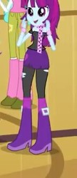Size: 143x332 | Tagged: safe, screencap, mystery mint, paisley, equestria girls, g4, my little pony equestria girls: friendship games, background human, boots, bracelet, chs rally song, clothes, cropped, flower, high heel boots, implied paisley, jewelry, leg warmers, leggings, pants, pantyhose, ripped pantyhose, scarf, skirt