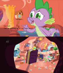 Size: 1552x1800 | Tagged: safe, screencap, spike, twilight sparkle, dragon, parasprite, g4, swarm of the century, evil parasprite, gif, hub logo, non-animated gif