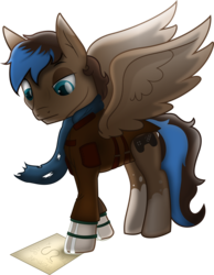 Size: 2500x3227 | Tagged: safe, artist:theshadowstone, oc, oc only, oc:playthrough, pegasus, pony, clothes, commission, high res, looking down, paper, shading, simple background, solo, transparent background