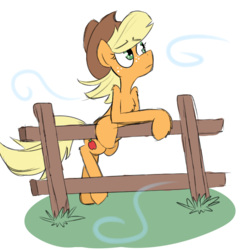 Size: 676x694 | Tagged: safe, artist:provolonepone, applejack, pony, g4, female, fence, hat, outdoors, solo, wind