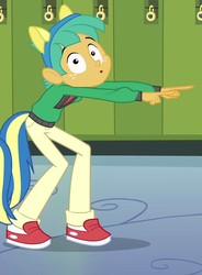 Size: 677x921 | Tagged: safe, screencap, snails, equestria girls, g4, my little pony equestria girls, clothes, cropped, male, pants, pony ears, shocked, shoes, sneakers, solo, tail