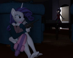 Size: 2400x1920 | Tagged: safe, artist:jawolfadultishart, rarity, sweetie belle, anthro, plantigrade anthro, g4, 3d, barefoot, bathrobe, blouse, clothes, dark, daz studio, dress, feet, glowing eyes, gun, hiding, horror, let us never speak of this again, mauser c96, not sfm, old shame, panties, protecting, this will end in pain and/or death, underwear, weapon