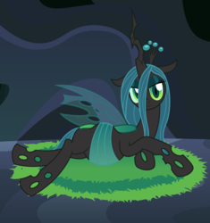Size: 3613x3849 | Tagged: safe, artist:badumsquish, derpibooru exclusive, queen chrysalis, changeling, g4, bedroom eyes, cave, draw me like one of your french girls, female, high res, lidded eyes, looking at you, mommy chrissy, nest, on side, pregnant, queen pregalis, smiling, solo