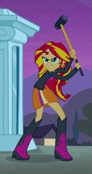 Size: 475x892 | Tagged: safe, screencap, sunset shimmer, equestria girls, g4, my little pony equestria girls, animation error, boots, clothes, ear piercing, earring, female, hammer, high heel boots, jacket, jewelry, leather jacket, piercing, skirt, sledgehammer, smiling, solo, statue