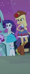 Size: 168x413 | Tagged: safe, screencap, applejack, rarity, equestria girls, g4, my little pony equestria girls, boots, bracelet, clothes, cowboy boots, cowboy hat, fall formal outfits, hat, high heel boots, jewelry, open mouth, raised leg, scarf, statue