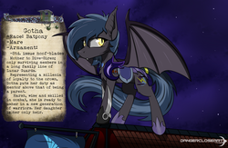 Size: 2460x1600 | Tagged: safe, artist:dangercloseart, oc, oc only, oc:gotha, bat pony, pony, night guard, rooftop, solo, weapon