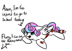 Size: 1280x913 | Tagged: safe, artist:neuro, princess flurry heart, alicorn, pony, g4, dialogue, fail, fake blood, female, filly, floppy ears, food, implied anon, ketchup, malingering, older, prone, sauce, simple background, solo, transparent background