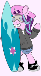 Size: 750x1375 | Tagged: safe, artist:anonymous, starlight glimmer, pony, unicorn, g4, backwards ballcap, baseball cap, bipedal, cap, clothes, female, grin, hat, male, parody, pink background, poochie, simple background, smiling, solo, surfboard, the simpsons