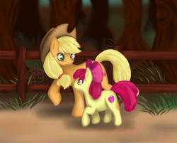 Size: 2289x1837 | Tagged: safe, artist:tears-of-xion, apple bloom, applejack, g4, cowboy hat, fence, freckles, hat, looking at each other, raised hoof, stetson, the cmc's cutie marks, tree, walking