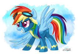 Size: 1280x897 | Tagged: safe, artist:iheartjapan789, rainbow dash, pony, g4, aviator goggles, clothes, female, goggles, grin, mare, signature, sky, smiling, solo, spread wings, standing, uniform, wings, wonderbolts uniform