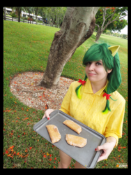 Size: 3456x4608 | Tagged: safe, artist:krazykari, apple fritter, human, g4, absurd file size, apple family member, apple fritter (food), clothes, cosplay, costume, food, high res, irl, irl human, photo, solo, tray, tree
