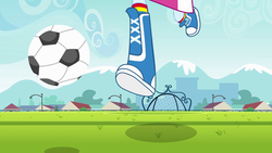 Size: 1920x1080 | Tagged: safe, screencap, rainbow dash, equestria girls, g4, my little pony equestria girls, ambiguous gender, boots, boots shot, clothes, football, legs, mountain, pictures of legs, skirt, soccer field, soccer goalpost, socks, solo
