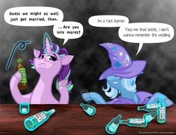 Size: 1152x885 | Tagged: safe, artist:texasuberalles, part of a set, starlight glimmer, trixie, pony, unicorn, g4, alcohol, blushing, bottle, drunk, drunklight glimmer, duo, glass, hoof hold, levitation, magic, not shipping, telekinesis