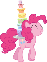 Size: 6400x8407 | Tagged: safe, artist:parclytaxel, pinkie pie, earth pony, pony, castle sweet castle, g4, .svg available, absurd resolution, cake, eyes closed, female, food, grin, mare, platter, seven-layer what's-that-flavour mystery surprise, simple background, smiling, solo, transparent background, vector