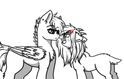 Size: 942x603 | Tagged: safe, artist:moonabelle, oc, oc only, goat, pegasus, pony, angry, cross-popping veins, female, male, mare, monochrome, partial color, stallion