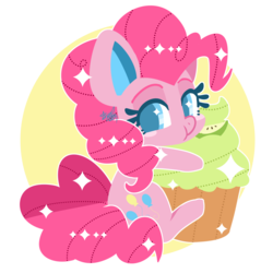Size: 2449x2449 | Tagged: safe, artist:snow angel, pinkie pie, earth pony, pony, g4, abstract background, chibi, colored pupils, cupcake, cute, diapinkes, eating, female, food, high res, micro, sitting, solo, sparkly eyes, wingding eyes