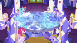 Size: 960x540 | Tagged: safe, edit, edited screencap, screencap, applejack, fluttershy, pinkie pie, rainbow dash, rarity, spike, twilight sparkle, alicorn, dragon, pony, g4, the cutie map, animated, cutie map, friendship throne, gif, implosion, mane seven, mane six, map, reversed, the hall of friendship, this will not end well, twilight sparkle (alicorn), twilight's castle