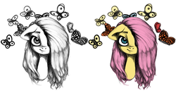 Size: 1900x1000 | Tagged: safe, artist:limchph2, fluttershy, butterfly, g4, black and white, bust, colored, female, floppy ears, grayscale, hair over one eye, monochrome, portrait, solo