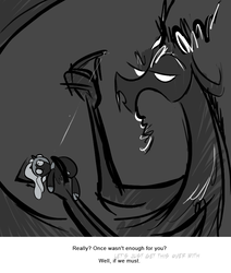 Size: 666x785 | Tagged: safe, artist:egophiliac, discord, nightmare moon, moonstuck, g4, ask, dark woona, doll, filly, grayscale, monochrome, nightmare woon, sewing, toy, tumblr