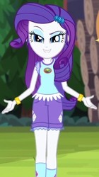 Size: 288x514 | Tagged: safe, screencap, rarity, equestria girls, g4, my little pony equestria girls: legend of everfree, bracelet, camp everfree outfits, clothes, cropped, female, jewelry, lip bite, shorts, socks, solo, up to no good