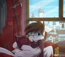 Size: 1024x898 | Tagged: safe, artist:redchetgreen, oc, oc only, pegasus, pony, book, building, clothes, cloud, glasses, looking at you, male, pipe, russian, scarf, scenery, sky, smiling, solo, stallion, sword, town, weapon, window