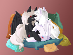 Size: 1827x1395 | Tagged: artist needed, source needed, safe, oc, oc only, oc:midnight ruby, oc:wynter skye, bat pony, pony, butt, buttcrack, cute, fangs, long tail, nuzzling, pillow, plot, plotcrack, red eyes, shipping