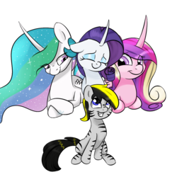 Size: 1000x1000 | Tagged: safe, artist:chibadeer, princess cadance, princess celestia, rarity, oc, oc:sly, alicorn, pony, g4, colt, crossed hooves, curved horn, eyes closed, horn, male, prone, simple background, sitting, smiling, transparent background