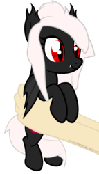 Size: 4571x8000 | Tagged: source needed, safe, artist:justisanimation, oc, oc only, oc:midnight ruby, bat pony, pony, absurd resolution, cute, holding a pony, red and black oc, red eyes