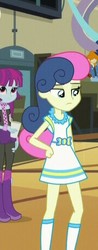 Size: 180x457 | Tagged: safe, screencap, bon bon, mystery mint, sweetie drops, valhallen, equestria girls, g4, my little pony equestria girls: friendship games, background human, boots, bracelet, clothes, cup, dress, fingerless gloves, gloves, hand on hip, high heel boots, jewelry, pants, pantyhose, ripped pantyhose, scarf, skirt, socks