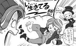 Size: 2048x1227 | Tagged: safe, artist:doktor-d, starlight glimmer, sunset shimmer, trixie, equestria girls, g4, dialogue, eyes closed, feet, finger snap, grayscale, japanese, monochrome, open mouth, pixiv, pointing, shocked, smiling, sweat, yelling