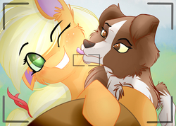Size: 2501x1780 | Tagged: safe, artist:asimplerarity, applejack, winona, dog, pony, g4, camera shot, cheek fluff, chest fluff, cute, duo, ear fluff, eye clipping through hair, grin, jackabetes, leg fluff, licking, one eye closed, smiling, tongue out, winonabetes