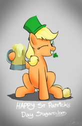 Size: 1984x3024 | Tagged: safe, artist:oinktweetstudios, applejack, earth pony, pony, g4, cider, clover, female, four leaf clover, freckles, gradient background, grin, hat, hoof hold, hooves, mare, mouth hold, mug, one eye closed, saint patrick's day, sitting, smiling, solo, tankard, wink