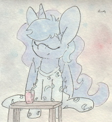 Size: 688x750 | Tagged: safe, artist:slightlyshade, princess luna, g4, eyes closed, female, footed sleeper, sitting, solo, traditional art