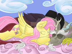 Size: 1024x773 | Tagged: safe, artist:fourze-pony, discord, fluttershy, g4, cloud, eyes closed, friendshipping, prone, sleeping, watermark