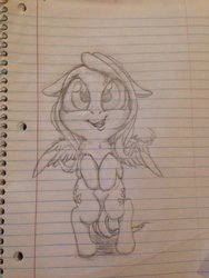 Size: 1024x1365 | Tagged: safe, artist:miokomata, fluttershy, pony, g4, bipedal, both cutie marks, chest fluff, chibi, female, floppy ears, grayscale, hooves to the chest, lined paper, looking at you, monochrome, open mouth, pencil drawing, smiling, solo, spread wings, traditional art