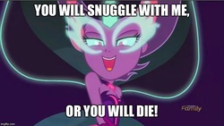 Size: 800x451 | Tagged: safe, edit, edited screencap, screencap, sci-twi, twilight sparkle, equestria girls, g4, my little pony equestria girls: friendship games, female, image macro, meme, midnight sparkle, midnight sparkle's lines, snuggling, solo