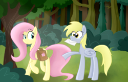 Size: 1383x886 | Tagged: safe, artist:rozzertrask, derpy hooves, fluttershy, pegasus, pony, g4, duo, forest, letter, raised eyebrow