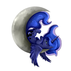 Size: 750x750 | Tagged: safe, artist:tctwig, princess luna, alicorn, pony, g4, crescent moon, female, moon, on back, simple background, solo, tangible heavenly object, transparent background